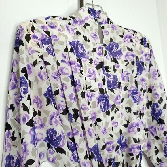 Vintage Leslie Fay Floral Blouson Pleated Dress 12 Petite Purple Secretary Belt - Picture 7 of 8